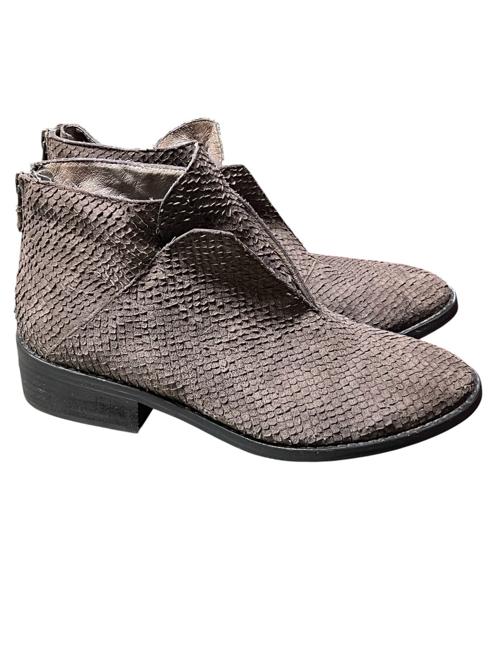 Eileen Fisher Tuck taupe textured leather ankle boots